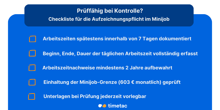 Infografik: Checkliste Prüffähig bei Kontrolle? Aufzeichnungspflicht im Minijob 