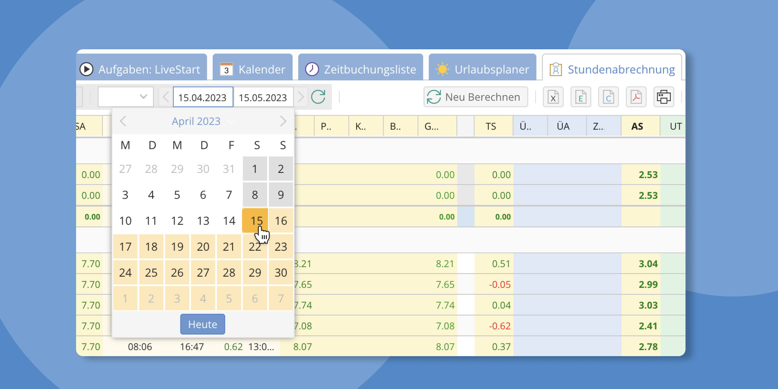 TimeTac Stundenabrechnung Datespicker