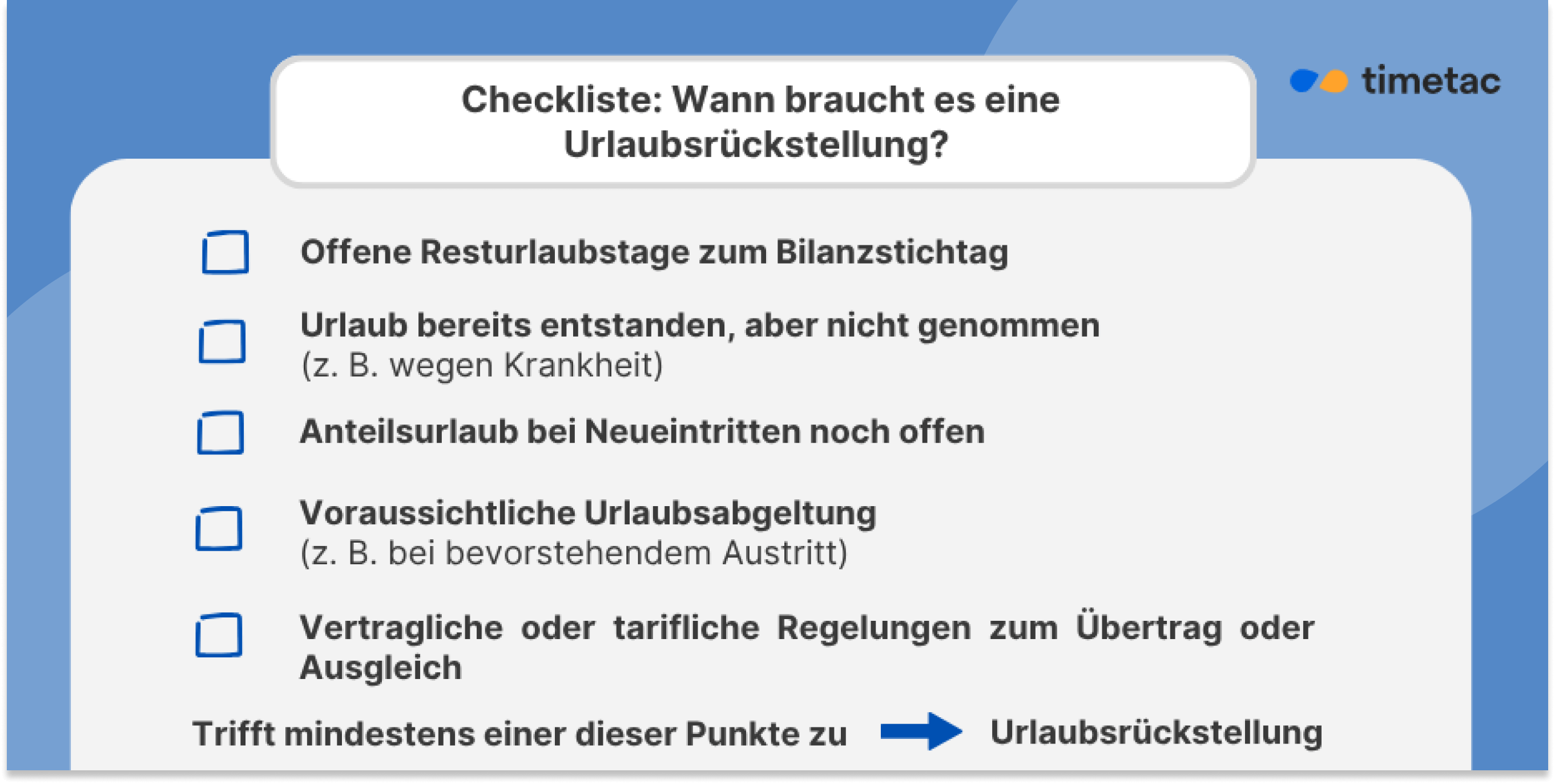 TimeTac Urlaubsverwaltung Urlaubsübersicht Checkliste: Trifft einer dieser Punkte zu, ist die Urlaubsrückstellung Pflicht