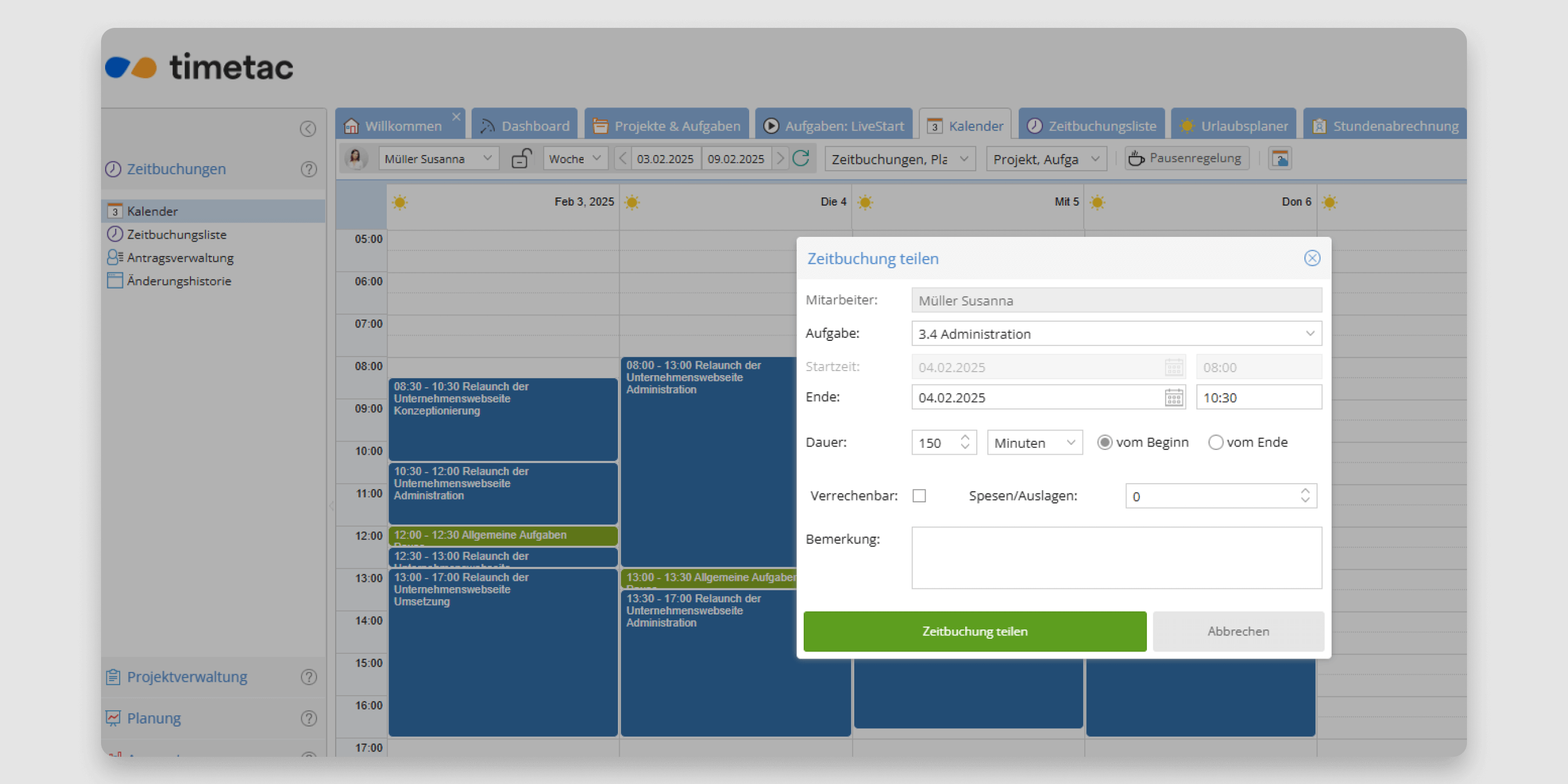 TimeTac Arbeitszeiterfassung Zeitbuchungen teilen im Kalender TimeTac Arbeitszeiterfassung Zeitbuchungen teilen im Kalender