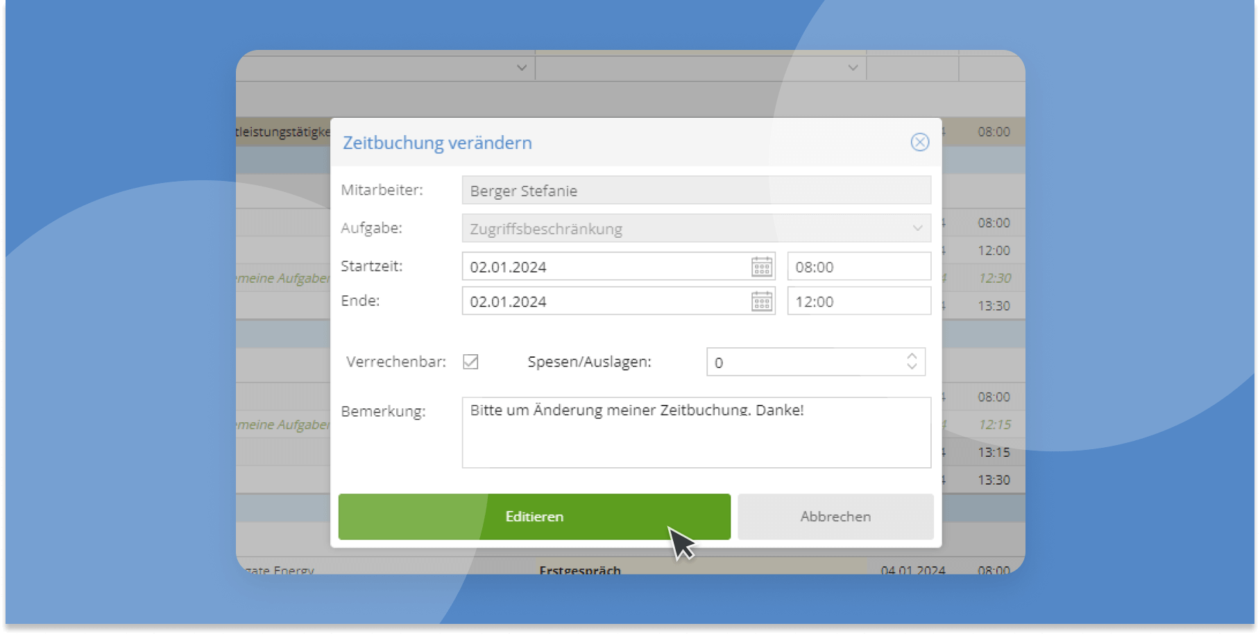 Zeitbuchungen in TimeTac ändern