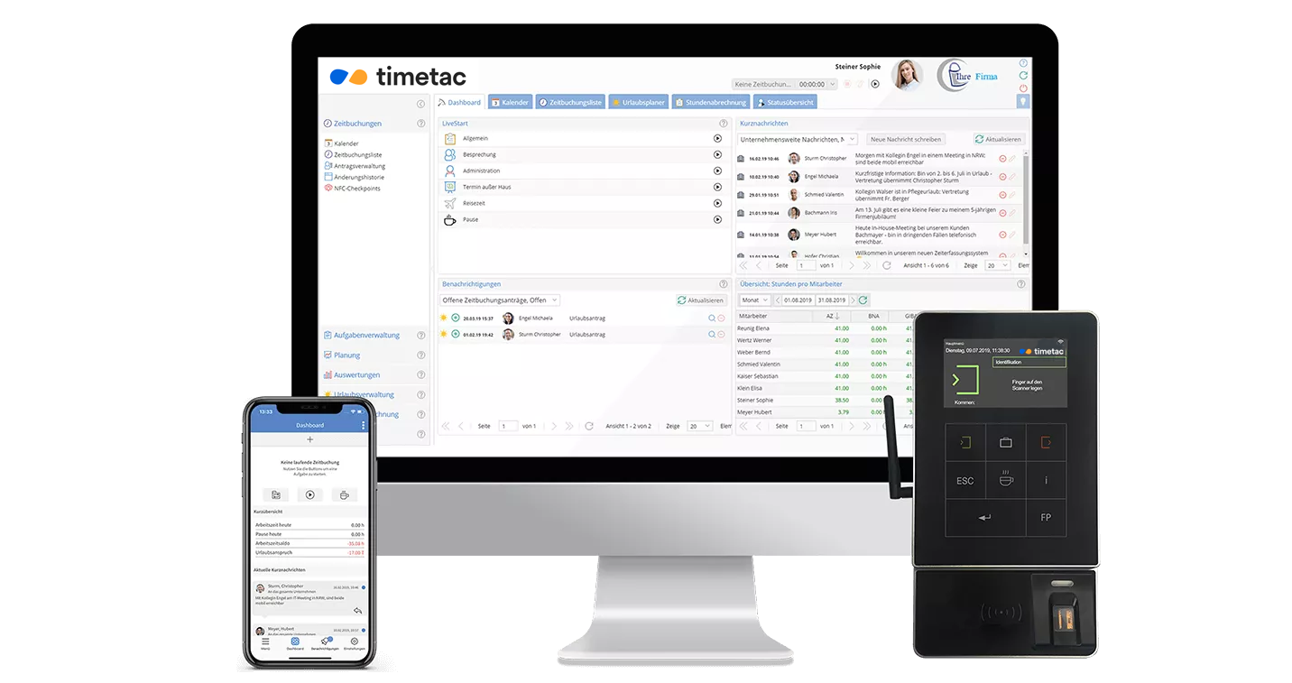 Zeiterfassung via Zeiterfassungsterminal, Desktop und Mobile App Zeiterfassung via Zeiterfassungsterminal, Desktop und Mobile App